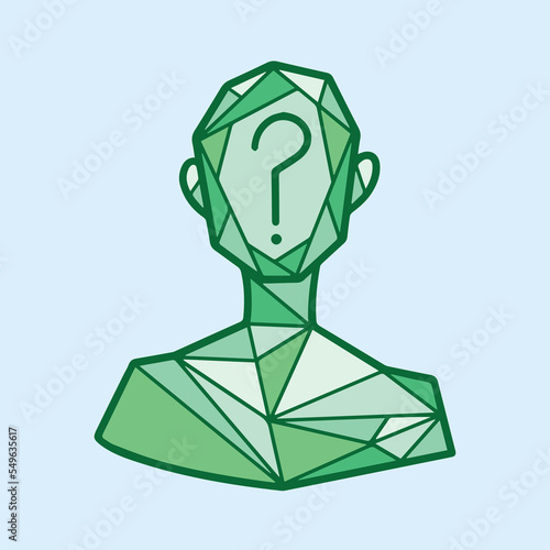 Anonymous vector icon pictogram illustration with green colored polygonal decoration. Polygon monochrome drawing with cartoon flat art style isolated. Mysterious person with question mark element.