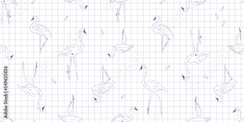 Seamless checkered school pattern with flamingos and pencils on a white background Fototapeta