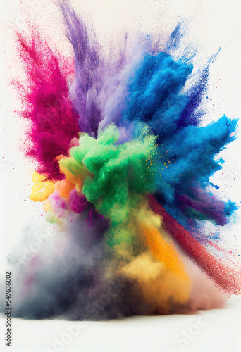 A colourful powder explosion of holi paint on a white background.