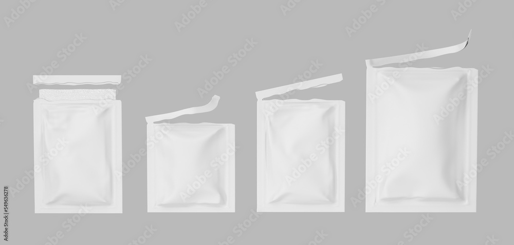 Open sachet, torn white paper or foil packs, pouch bags mockup 3d render. Realistic set of isolated blank packages for wet wipes, sugar, coffee or cosmetics samples on gray background
