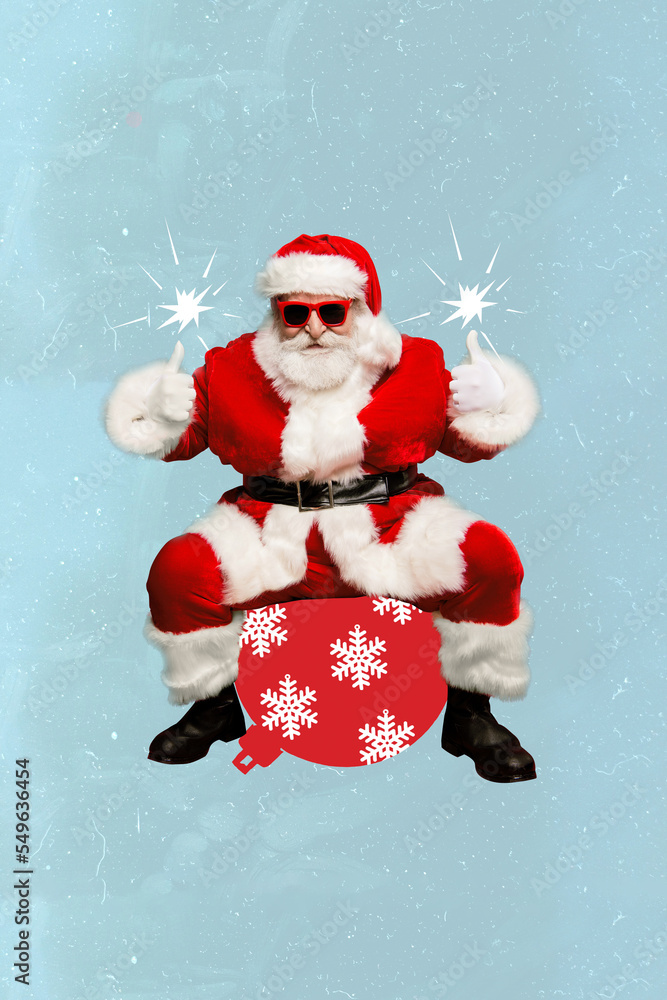 Vertical collage picture of funky aged santa sit huge tree decor ball toy demonstrate thumb up isolated on drawing background