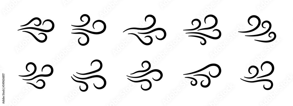 Hand drawn wind air flow icon set. Free breath symbol. Fresh air flow sign. Doodle wind blow icons collection. Weather symbol. Climate design element. Vector illustration isolated on white background.