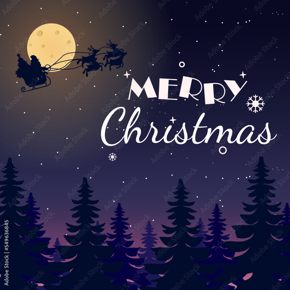 Fototapeta premium Modern merry christmas background with sleigh and nightscape