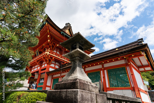 Photography Kyoto, Japan - April 18, 2018: low angle shot of a toro stone lamp standing near