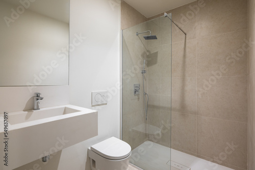 Wallpaper Mural Empty Interior of modern white bathroom with mirror, sink, toilet and shower with glass partition Torontodigital.ca