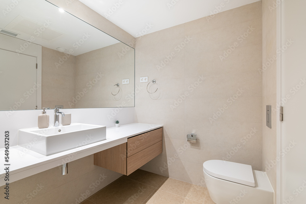 Interior of modern spacious bathroom with large mirror, white toilet and wooden furniture. Interior of modern spacious bathroom with large mirror, white toilet and wooden furniture.