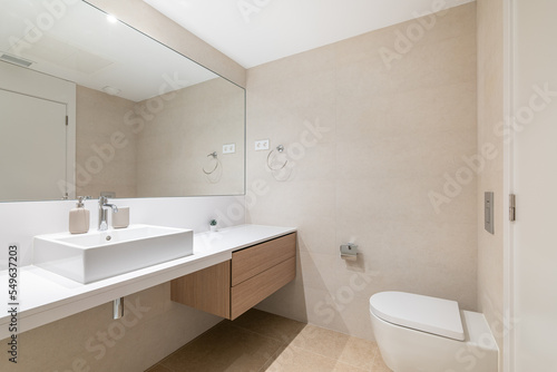 Interior of modern spacious bathroom with large mirror  white toilet and wooden furniture.