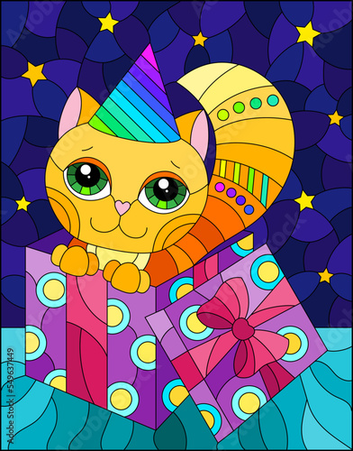Fototapeta Naklejka Na Ścianę i Meble -  An illustration in the style of a stained glass window with a cute Christmas cat in a box, against the background of the starry sky