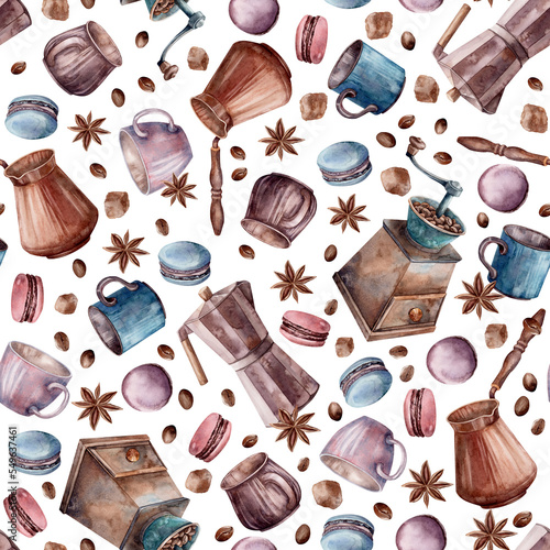 Coffee. Watercolor Pattern. Illustration for clipart. Designed for menus, culinary blogs, packaging, textiles, web design, sites, stickers, invitations, patterns, logos. Drawn by hand.