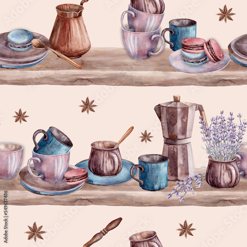 Coffee. Peach Watercolor. Pattern. Illustration for clipart. Designed for menus, culinary blogs, packaging, textiles, web design, sites, stickers, invitations, patterns, logos. Drawn by hand.