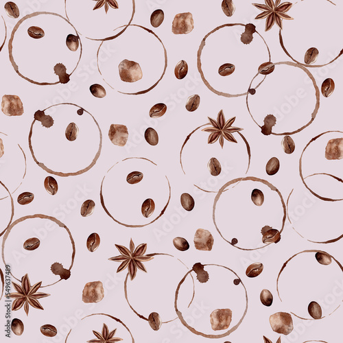 Coffee. Pink Watercolor Pattern. Illustration for clipart. Designed for menus, culinary blogs, packaging, textiles, web design, sites, stickers, invitations, patterns, logos. Drawn by hand.
