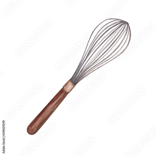 Stainless whisk. Watercolor. Isolate. Illustration for clipart. Designed for menus, culinary blogs, packaging, textiles, web design, sites, stickers, invitations, patterns, logos. Drawn by hand