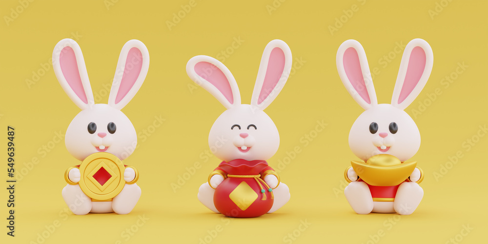 3D cute rabbit holding fortune bag and wealth gold money isolated on yellow background, element for Chinese new year, Chinese Festivals, Lunar, CYN 2023, Year of the Rabbit, 3d rendering.