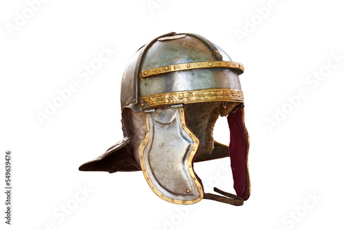 Fotografia Ancient Roman helmet, vintage soldier armor to protect the head in battle, isolated on a white background