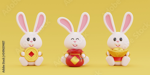 3D cute rabbit holding fortune bag and wealth gold money isolated on yellow background, element for Chinese new year, Chinese Festivals, Lunar, CYN 2023, Year of the Rabbit, 3d rendering.