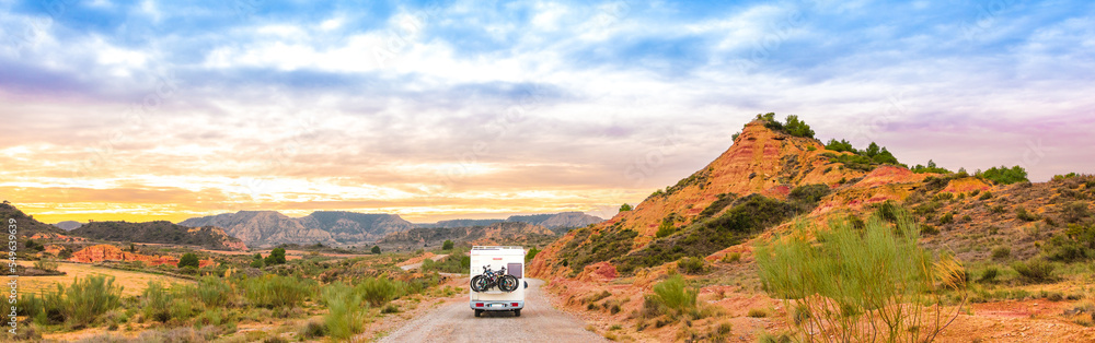 Motorhome on the road,  Zaragoza province,  Aragon in Spain-  vacation,  travel family