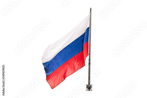 Fotografie A large Russian flag is flying, isolated on a white background