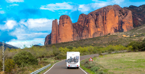 Motorhome on the road to Mallos de Riglos,  Huesca province in Spain photo