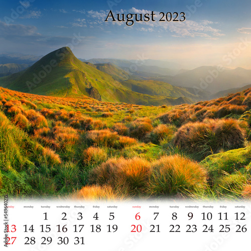 Square wall monthly calendar ready for print, August 2023. Set of calendars with beautiful landscapes. Spectacular summer sunrise in Carpathian mountains with misty peak on background, Ukraine.