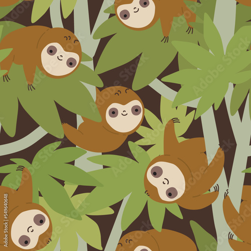 Sloth animals on the trees  seamless pattern.