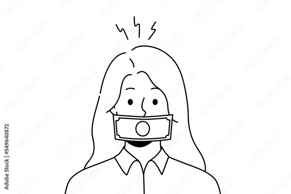 Woman with dollar banknote on mouth get bribe. Female with money covering face engaged in corruption and bribery. Vector illustration. Woman with dollar banknote on mouth get bribe. Female with money covering face engaged in corruption and bribery. Vector illustration.