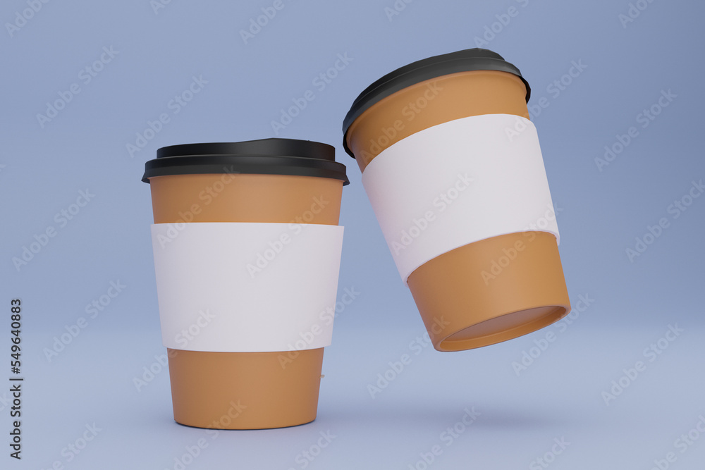 Two paper coffee cups with blank labels in 3D rendering floating over blue background Two paper coffee cups with blank labels in 3D rendering floating over blue background