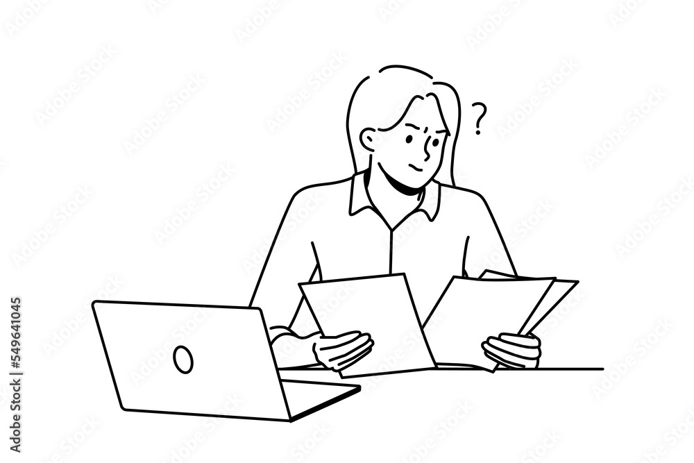 Frustrated woman working with paperwork busy at laptop. Confused female employee consider documents at workplace. Vector illustration. Frustrated woman working with paperwork busy at laptop. Confused female employee consider documents at workplace. Vector illustration.