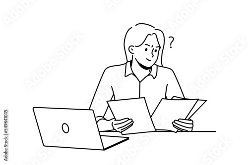 Frustrated woman working with paperwork busy at laptop. Confused female employee consider documents at workplace. Vector illustration. 