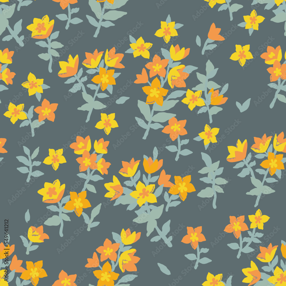 Yellow, orange flowers with a green curly stem and leaves. Seamless summer floral pattern on a dark green background. Yellow, orange flowers with a green curly stem and leaves. Seamless summer floral pattern on a dark green background.