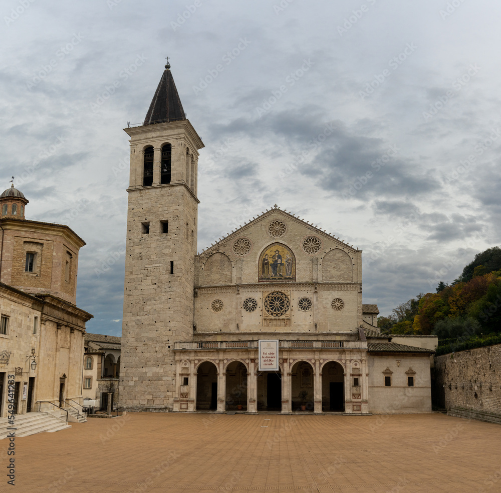 view of the Santa Maria Assunta cathedral and square in the historic city center of Spoleto