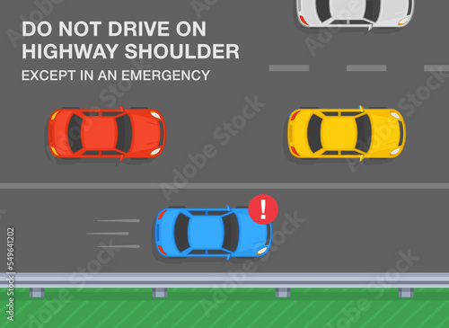 Traffic rules on highway, speedway, motorway. Do not drive on highway shoulder except in an emergency. Blue sedan car moving on highway shoulder. Top view. Flat vector illustration template.