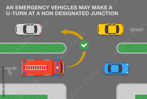Safe car driving and traffic regulation rules. An emergency vehicles may make a u-turn at a non designated junction. Fire truck turning on motorway. Flat vector illustration template.