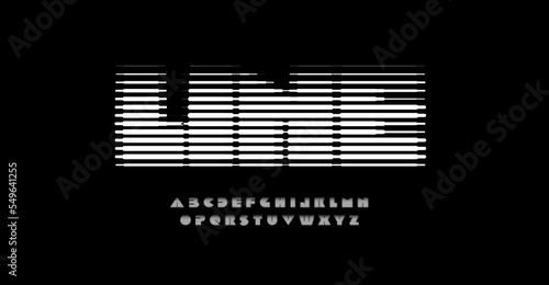 3d linear halftone alphabet, digital equalizer font for logo, headline and monogram. Horizontal lines blinds letters. Vector typography design