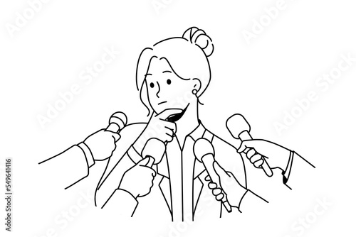 Pensive female politician thinking talking with reporters or journalists. Woman speaker have interview speak in microphones at conference. Vector illustration. 