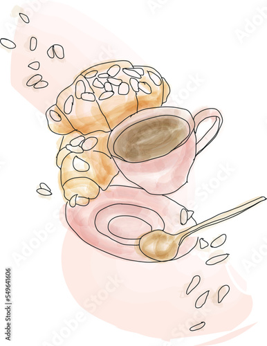 Fly close up Croissants with white coffee. Two french croissants on pink plate and cup of espresso coffee. Vector illustration. hand drawing 
