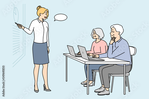 Retraining, additional education for elderly people. Advanced training for senior men, women. Young female teacher gives master class, seminar for pensioners. Vector outline colorful illustration.