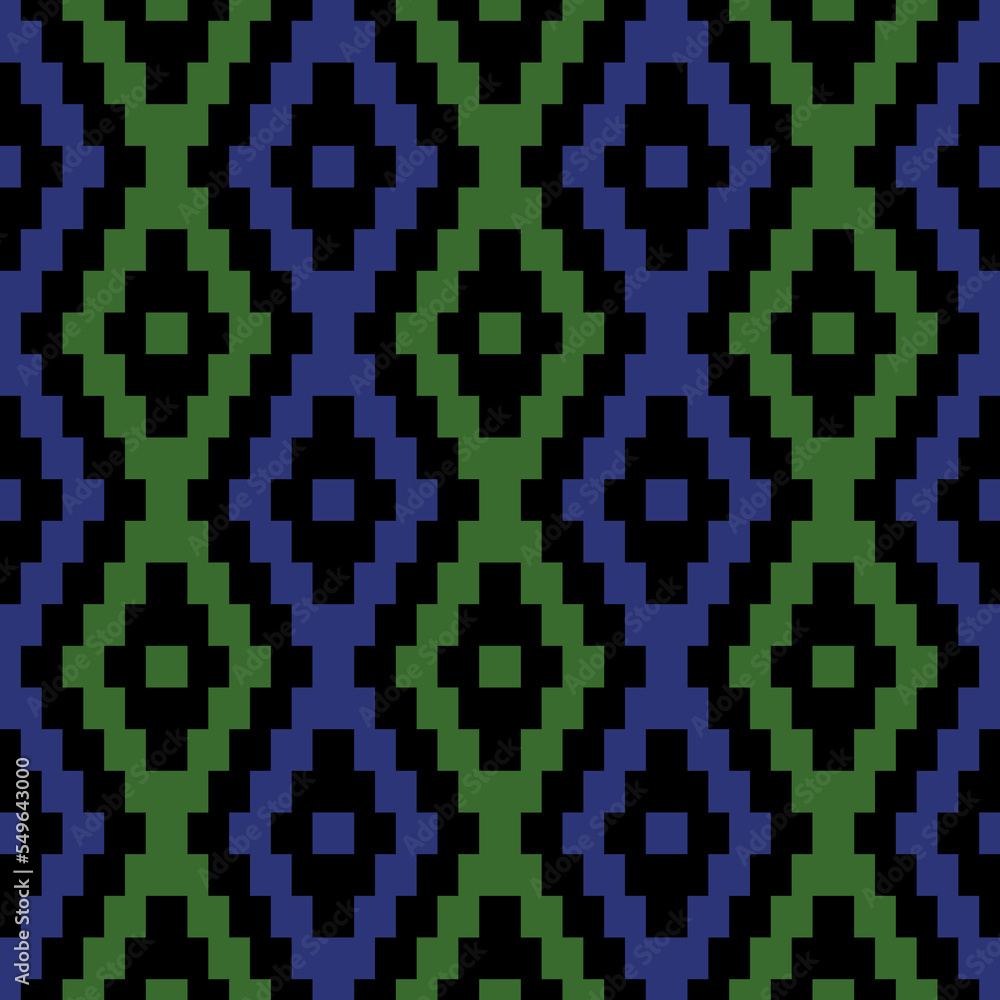 Fototapeta premium black repetitive background with blue and green abstract ornament. vector seamless pattern. geometric fabric swatch. wrapping paper. continuous design template for home decor, apparel, textile, cloth