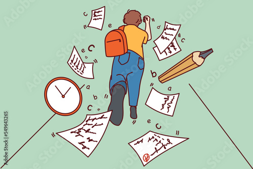 Boy child with backpack running to classroom miss deadline. Kid rush at school being late for lesson. Education problem. Vector illustration. 