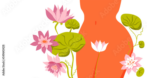 Women's health. Female hips. Bikini line. The topic of female intimate depilation and hygiene. Lotus, water lilies and leaves. Vector illustration. Place for text