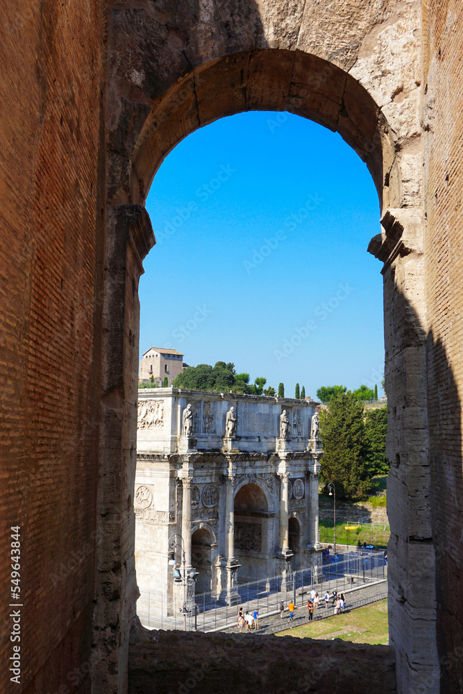 View of the Arch of Constantine in the Forum Romanum from the colosseum, (triumphal arch of Emperor Constantine), Rome, Italy