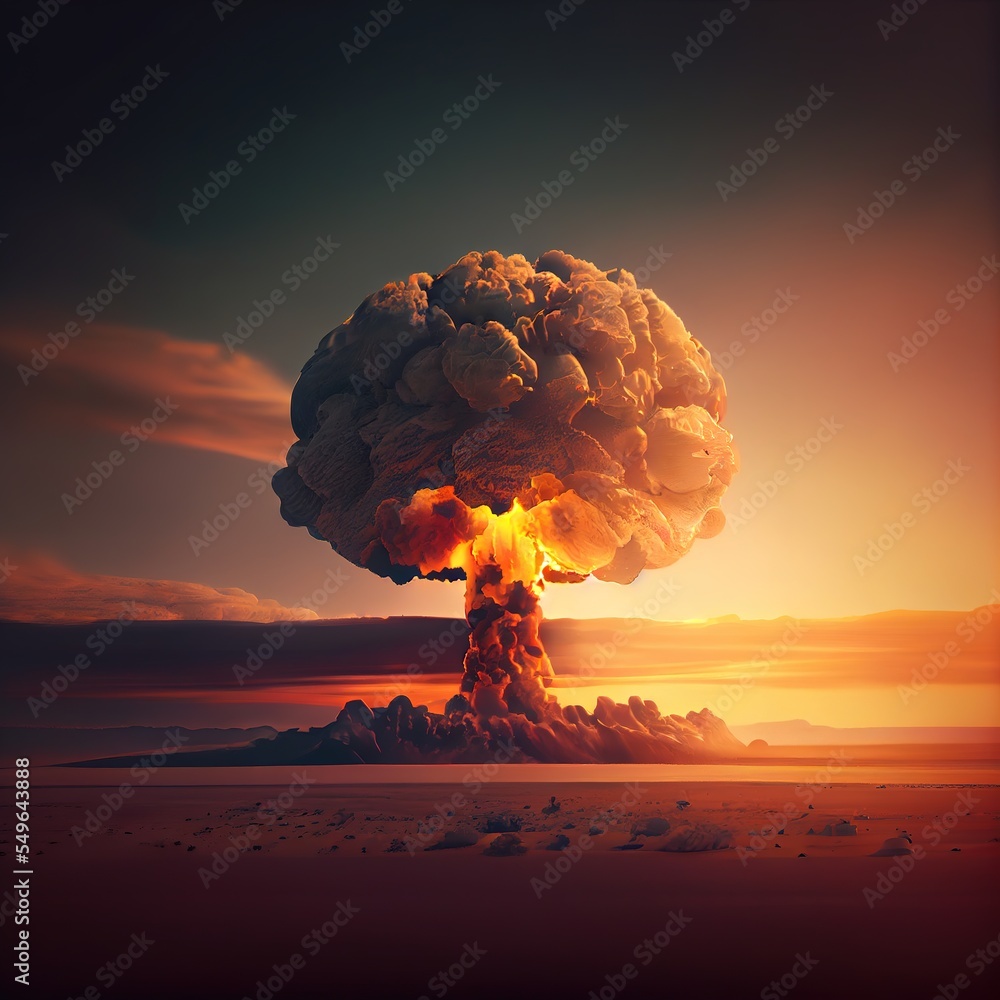 Nuclear explosion in the desert Atom bomb explosion and mushroom cloud Nuclear explosion in the desert Atom bomb explosion and mushroom cloud