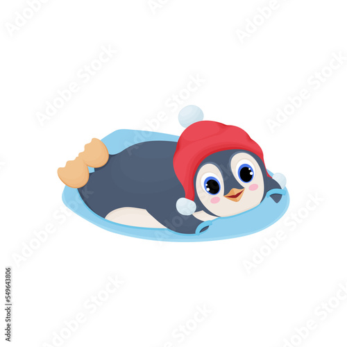 Cheerful penguin lies on Iceboard, winter skiing on snow, illustration with character, cartoon character, cute children's illustration with winter character, winter fun, holidays