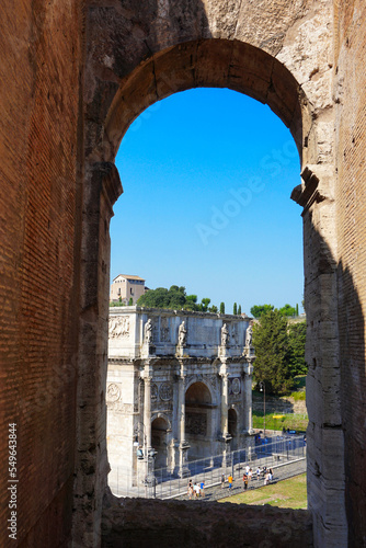 View of the Arch of Constantine in the Forum Romanum from the colosseum, (triumphal arch of Emperor Constantine), Rome, Italy