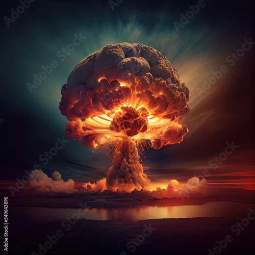 Nuclear explosion in the desert. Atom bomb explosion and mushroom cloud exploding. Photorealistic illustration generated by Ai photo