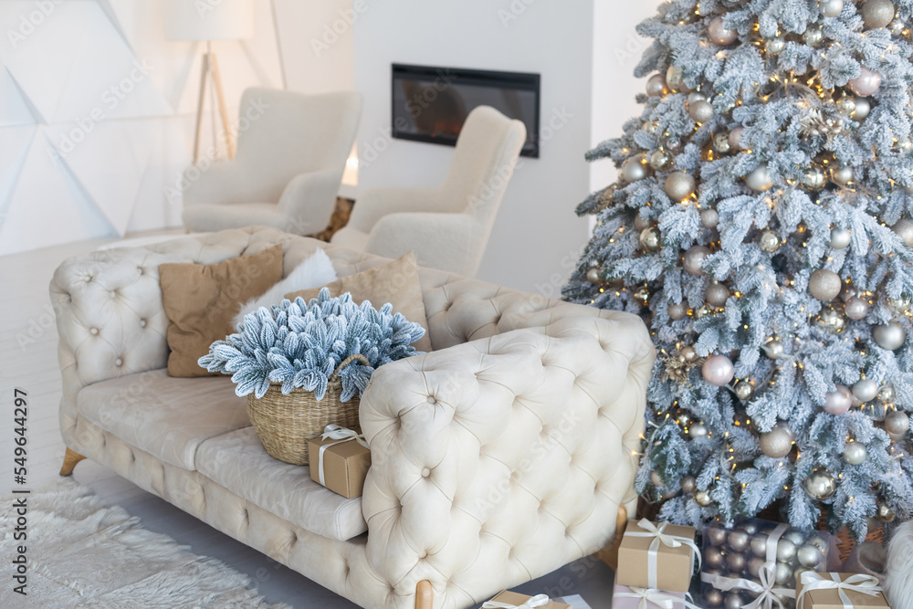 Fototapeta premium Beautiful living room interior with Christmas tree