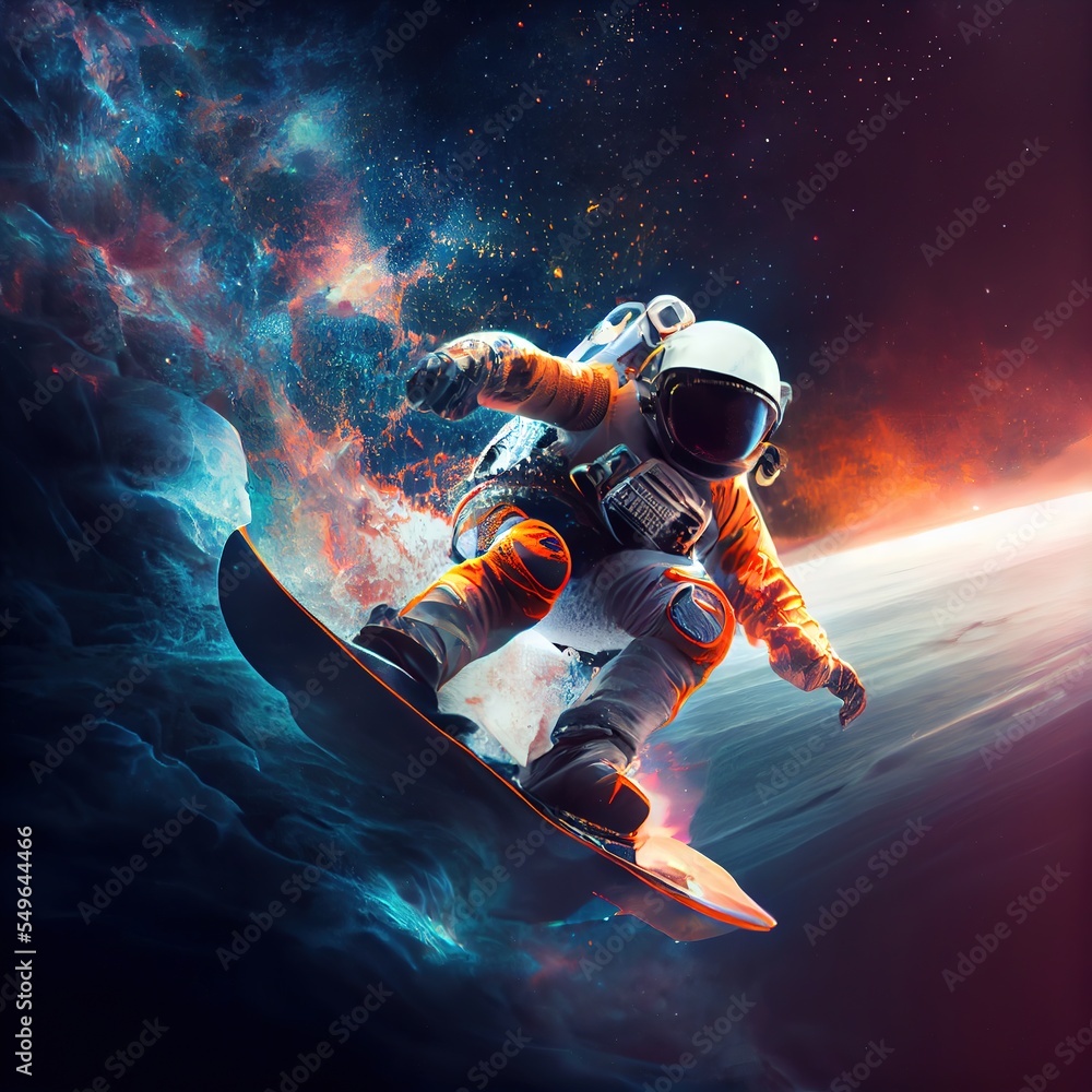 Astronaut surfing on the abstract wave in outer space. Creative photorealistic illustration generated by Ai
