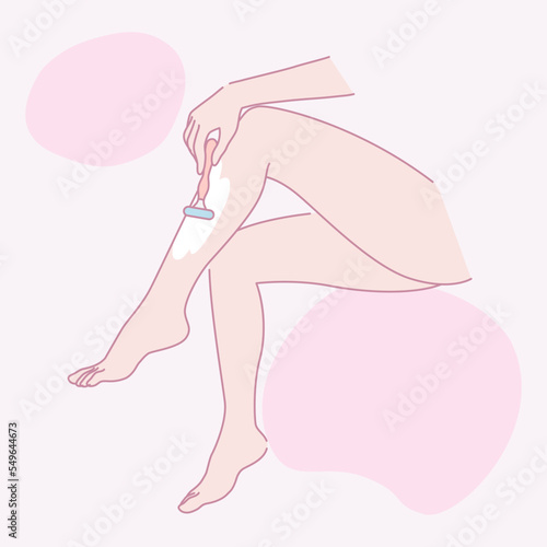 A woman shaving her legs. Hair removal. Beauty body care concept. Vector design illustration.