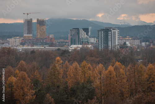 Modern skyscrapers being built in the suburbs of Ljubljana, Slovenia. Visible eight skyscrapers in new ljubljana skyline.