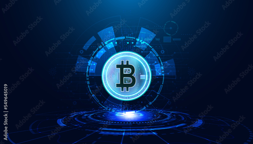 Obraz premium Abstract background digital concept, modern digital circle, bitcoin, cryptocurrency, decentralized, blockchain on black and blue background, futuristic