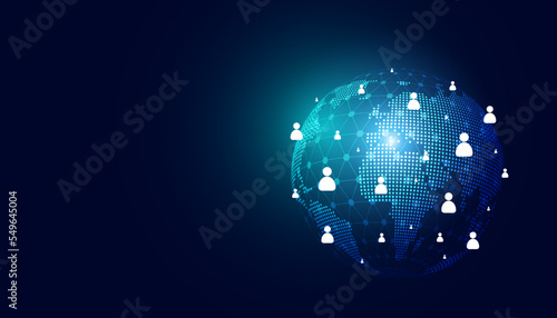 abstract background digital people and globe icon concept globe communication people all over the world online news web social network On a black and blue background.